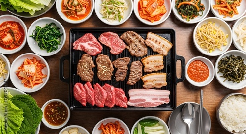 Korean BBQ arrangement of grill with variety of side dishes, offering a feast for the senses. Raw meat on a hot griddle, surrounded by a vibrant display of vegetables, sauces, and rice.