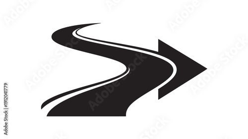 Black Curved Arrow Road Symbol on White Background, Direction Sign