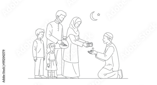 Muslim family giving charity or zakat money to a kneeling man symbolizing generosity during religious observance like Eid or Ramadan