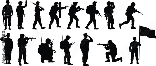 Silhouettes of soldiers in various combat and tactical positions
