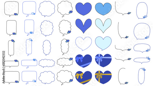 Blue and Light Blue Heart Speech Bubble Set – Hand Drawn Comic Style Vector for White Day and Father’s Day