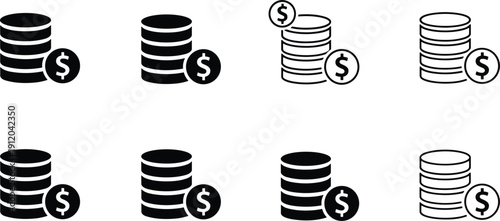 Stacked coins money icons set with dollar currency symbols in solid and outline vector styles