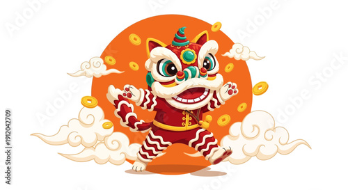 Happy Cartoon Lion Dancer Character Celebrating Chinese New Year with Gold Coins and Clouds