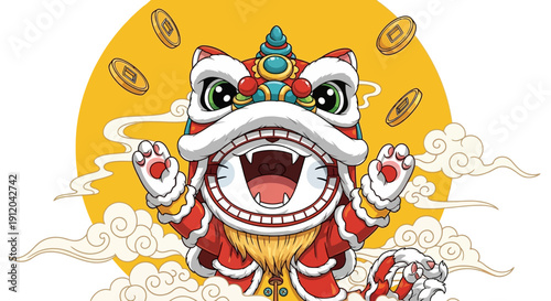 Cute Cartoon Cat Character Performing Energetic Lion Dance with Falling Gold Coins and Auspicious Clouds for Chinese New Year Celebration