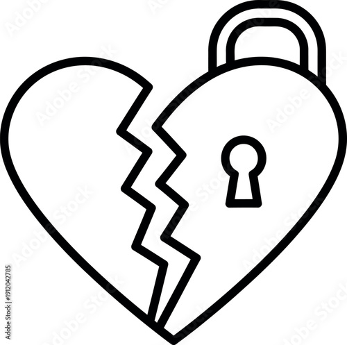 Broken heart padlock outline, representing heartbreak, lost love, separation, or a relationship ending on a clean background.