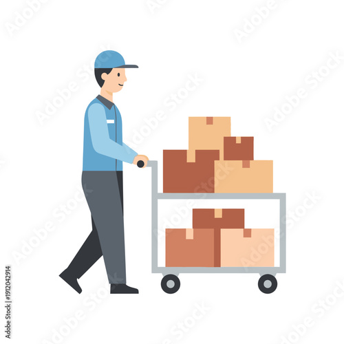 Delivery man pushing a cart full of boxes, logistics and shipping concept