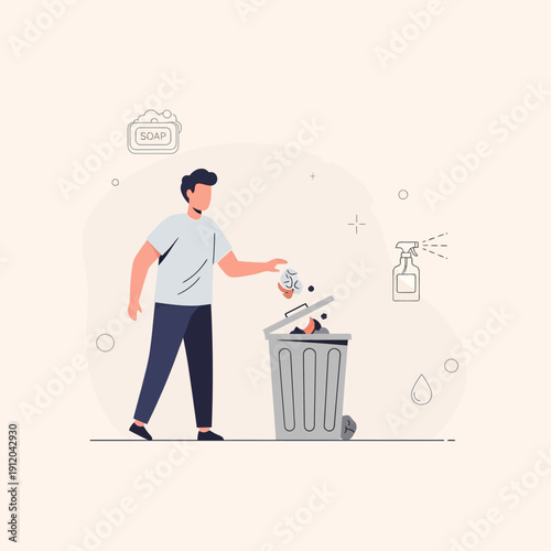 Man throwing trash into bin, cleaning, hygiene, waste disposal, home tidiness concept