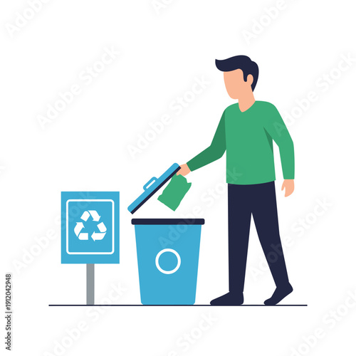 Man throwing trash into recycling bin, eco-friendly waste disposal concept