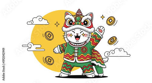 Cute Cartoon Cat Character Performing Traditional Chinese Lion Dance During Lunar New Year Celebration with Gold Coins and Full Moon