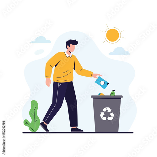 Man throwing trash into recycling bin, environmental protection, clean planet concept