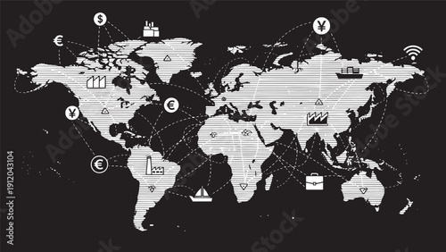 Global World Map Silhouette with Continent Labels and Navigation Icons on a Dark Theme.
