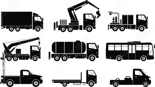 Commercial Truck and Service Vehicle Silhouette Collection Featuring Crane, Tanker, Flatbed and Bus Black Vector Illustration Set Isolated on White Background