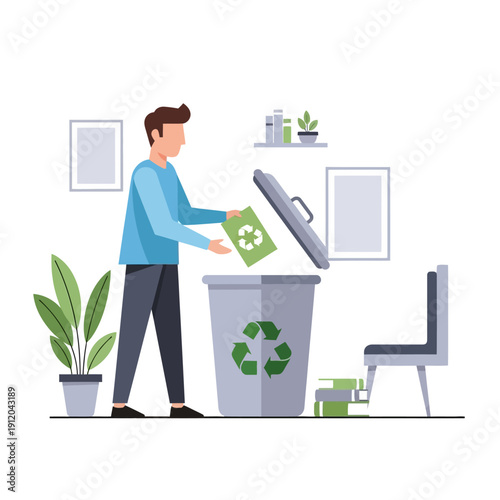 Man recycling paper into bin, home interior, plants, chair, artwork on wall