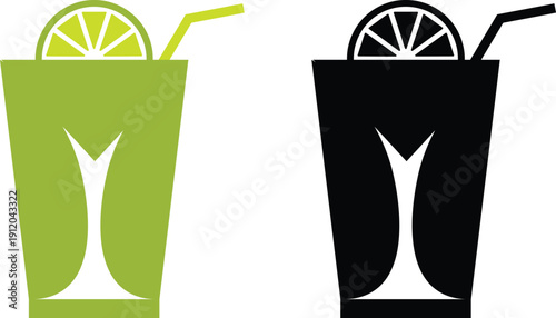 Lime Juice Glass Icon Set with Citrus Garnish in Flat and Silhouette Styles, Minimalist Refreshing Drink Vector Illustration for Cocktail Menus and Summer Branding