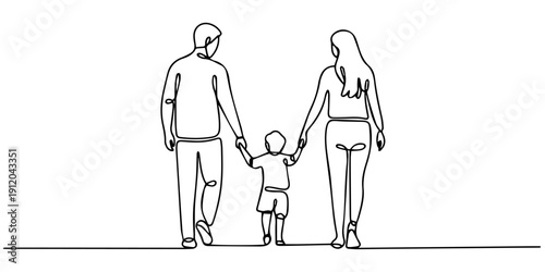Front view of parents with their little kid holding hands and walking together black linear sketch, Happy family in continuous line art drawing style. Front view of parents with their little kid