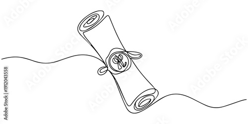 Scroll with wax seal continuous line drawing. One line art of love letter, papyrus, antique, correspondence, news, scroll with ribbon and wax seal continuous one line drawing