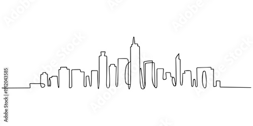 Continuous one line drawing of urban city skyline with modern buildings style, Modern cityscape continuous one line vector drawing. Metropolis architecture panoramic landscape. Dubai skyscrapers hand