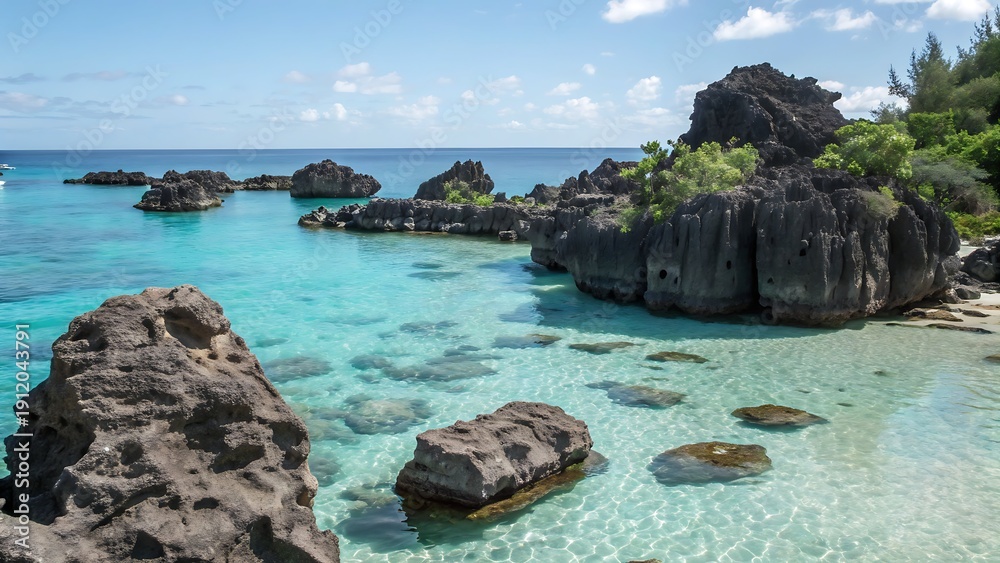 Obraz premium Clear Ocean Waters Surrounding Rocky Coastal Formations