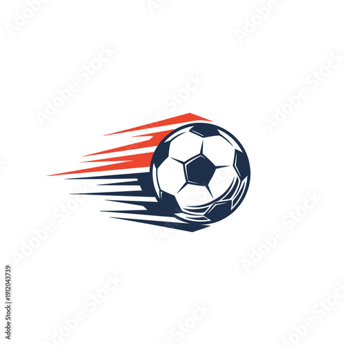 Flying soccer ball with speed trails. Fast football game icon for sports tournament