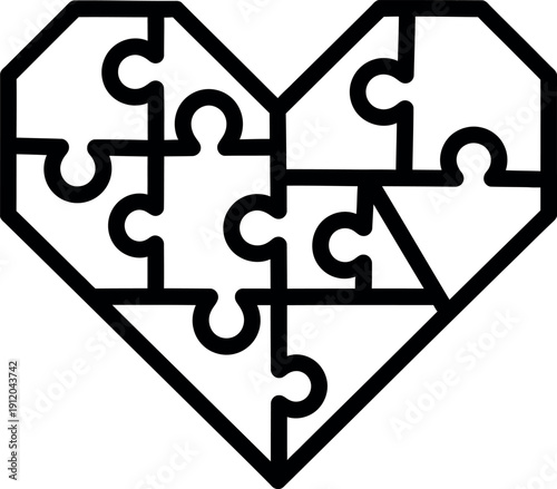 A heart formed by puzzle pieces, representing complex relationships, teamwork, and the intricate nature of love.