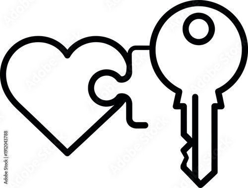 Conceptual line art of a heart with a puzzle piece missing, connected to a key, representing finding the missing piece or unlocking love.