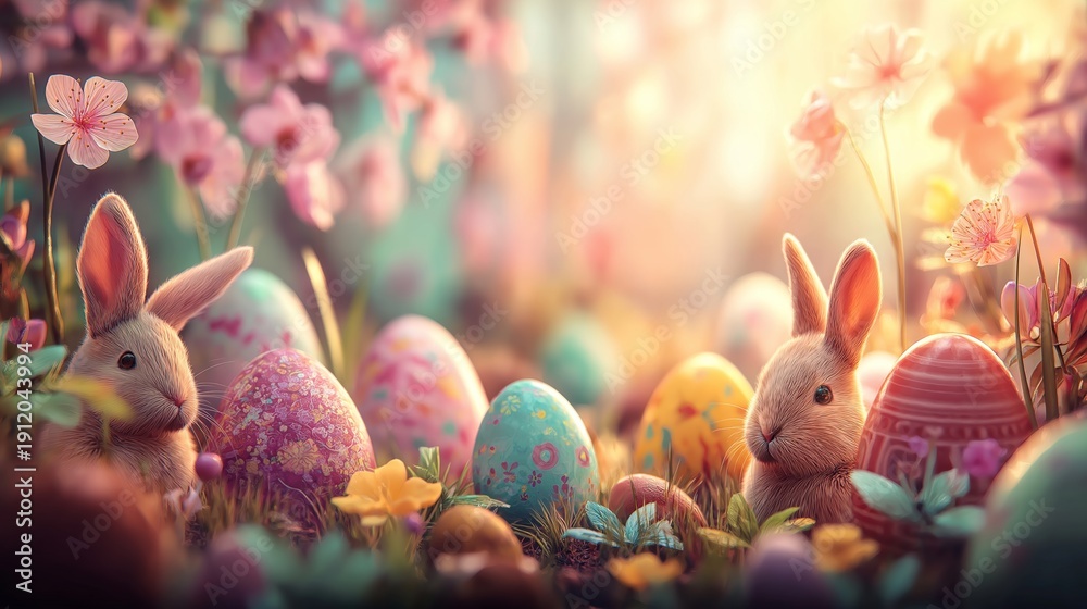 Obraz premium Little bunnies finding colorful Easter eggs in spring garden. Cute bunnies celebrating Easter surrounded by decorated eggs and blooming cherry blossoms