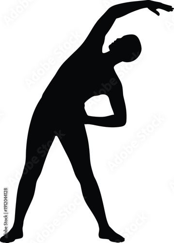 Male fitness stretching silhouette, side bend exercise pose, yoga or warm up training, healthy lifestyle concept, black minimal vector illustration isolated on white