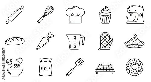 Simple Baking and Pastry Line Icons Collection: Kitchen Tools, Desserts, and Ingredients.