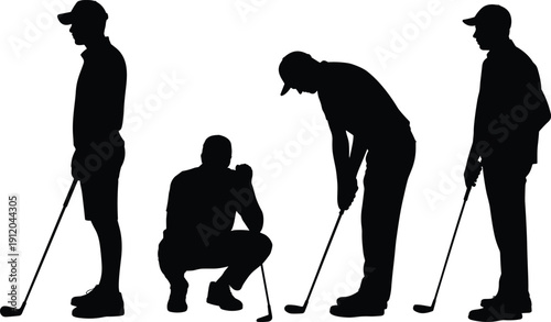 Black silhouette set of golfers preparing and aiming shots, professional golf sport concept, players with clubs isolated on white background