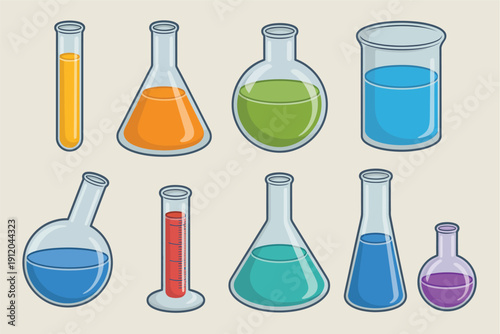 Chemistry Lab Glassware vector illustration with flasks beakers and test tubes filled with colorful liquids for science experiment research and education concept