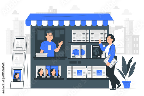 Businesswoman and businessman analyzing digital newsstand data on large screen in modern office