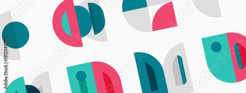 Abstract geometric shapes repeat. Pink, teal, gray colors dominate design. Minimalist pattern creates modern aesthetic.