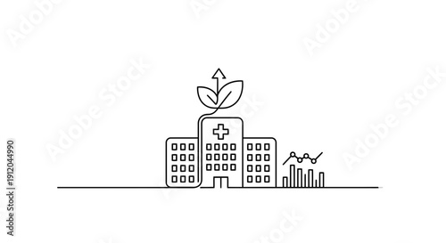 Healthcare Growth: Hospital building with growing plant and statistics graph