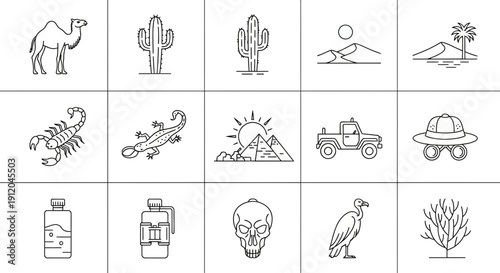 Monochrome Outline Icons of Desert Wildlife, Safari Adventure, Survival Gear, and Arid Landscape Elements.