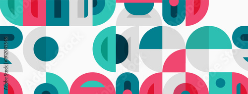 Abstract geometric pattern. Circles, semicircles, rectangles overlap. Pink, teal, gray colors dominate white background. Modern design.
