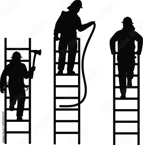 Black silhouette set of firefighters climbing ladders with equipment, emergency rescue service concept, brave professionals isolated on white background
