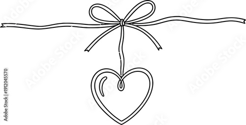 Delicate black outline heart hanging from a graceful ribbon and bow, minimalist vector illustration for romantic occasions.