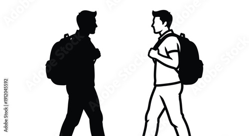 Two men facing each other one silhouette with backpacks