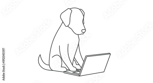 A labrador dog sits and appears to be using a laptop computer