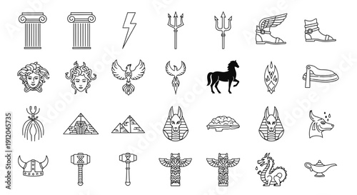 Ancient Mythology and Legend Line Icon Set featuring Gods, Creatures, Symbols, and Historical Artifacts.