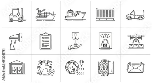 Logistics and Delivery Line Icons Set: Shipping, Transportation, Warehouse, and Supply Chain Vector Symbols