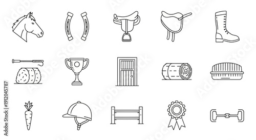 Equestrian Sport and Riding Equipment Line Icons Set: Horse, Saddle, Boot, Helmet, Stable Supplies, and Competition Symbols.