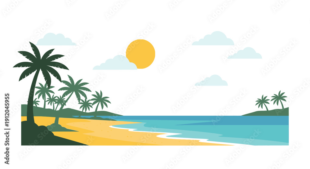 Fototapeta premium Tropical beach scene with palm trees ocean and a bright yellow sun