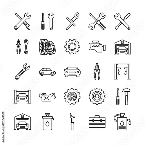 Automotive Repair and Car Service Outline Icons Set Featuring Tools, Engine, and Garage Elements.