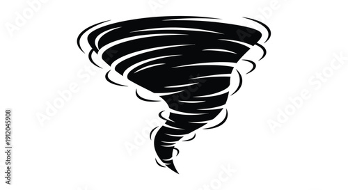 Stylized black and white illustration of a swirling tornado vortex