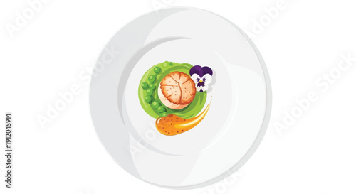 Elegant plate presentation featuring a seared scallop pea puree and edible flowers