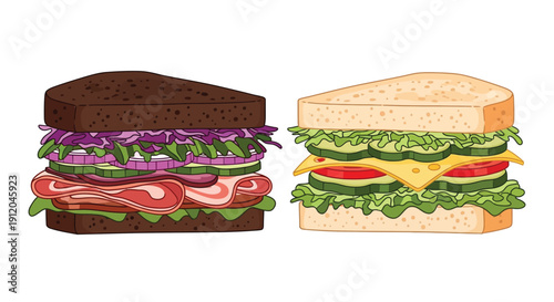 Two colorful sandwiches with various fillings are displayed side by side