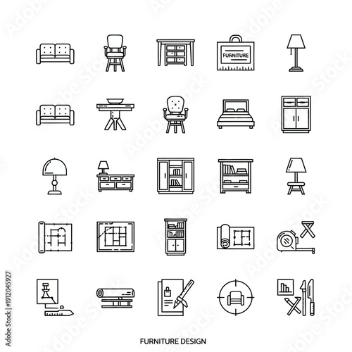 Line Icons Set of Furniture, Interior Design, Architecture, and Home Planning Tools