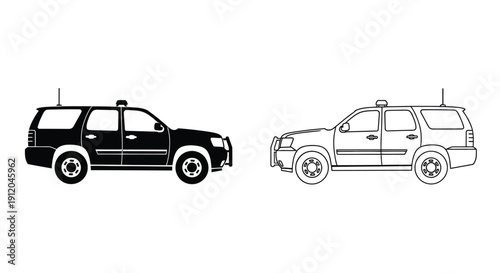 Two police suv vehicles one black and one white side profile views