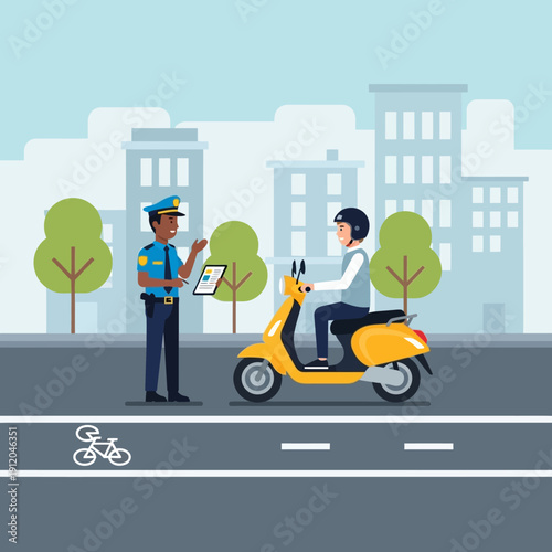 Police officer giving ticket to scooter rider on city street with buildings and trees